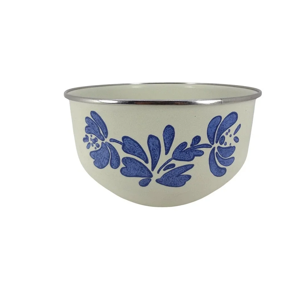 Vintage Pfaltzgraff Yorktown Enamel Mixing Bowl‎ Cream with Blue Floral Pattern